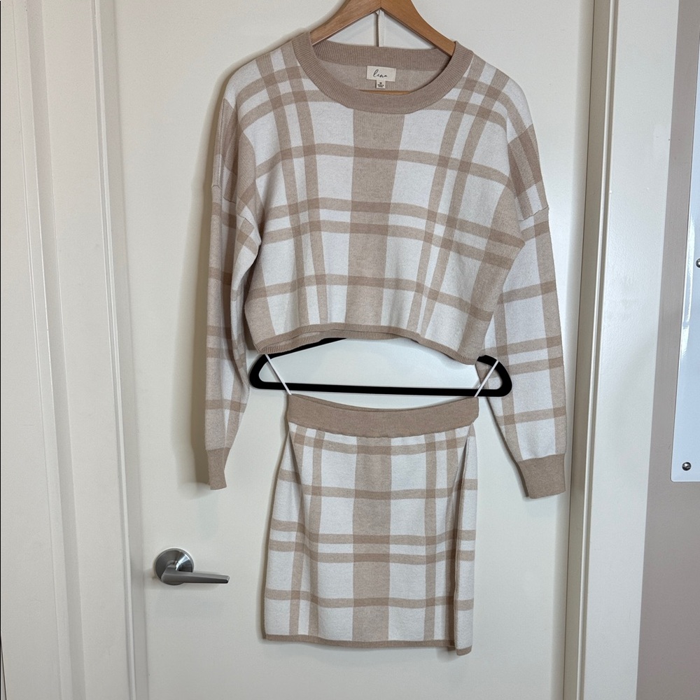 Lena Beige Plaid Knitwear Sweater and Matching Skirt Set